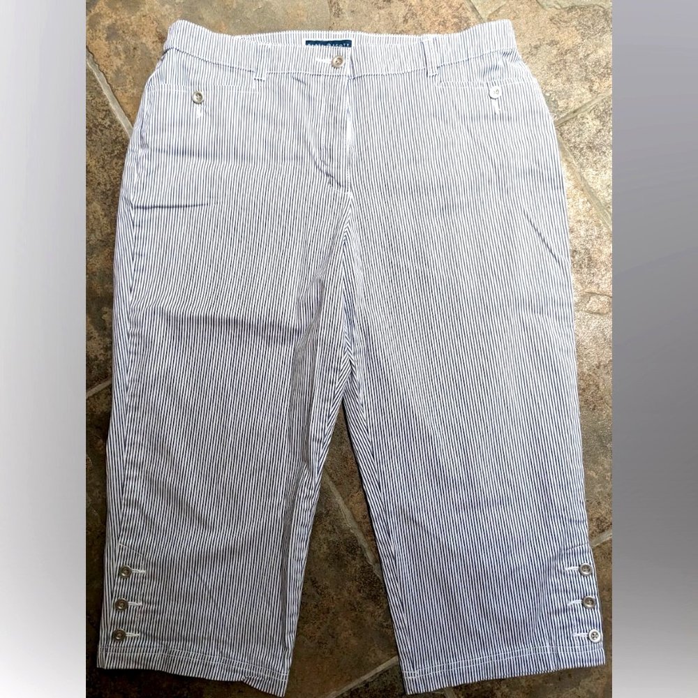 Karen Scott Blue and White Striped Straight Leg Cropped Pants, Size 14 or XL